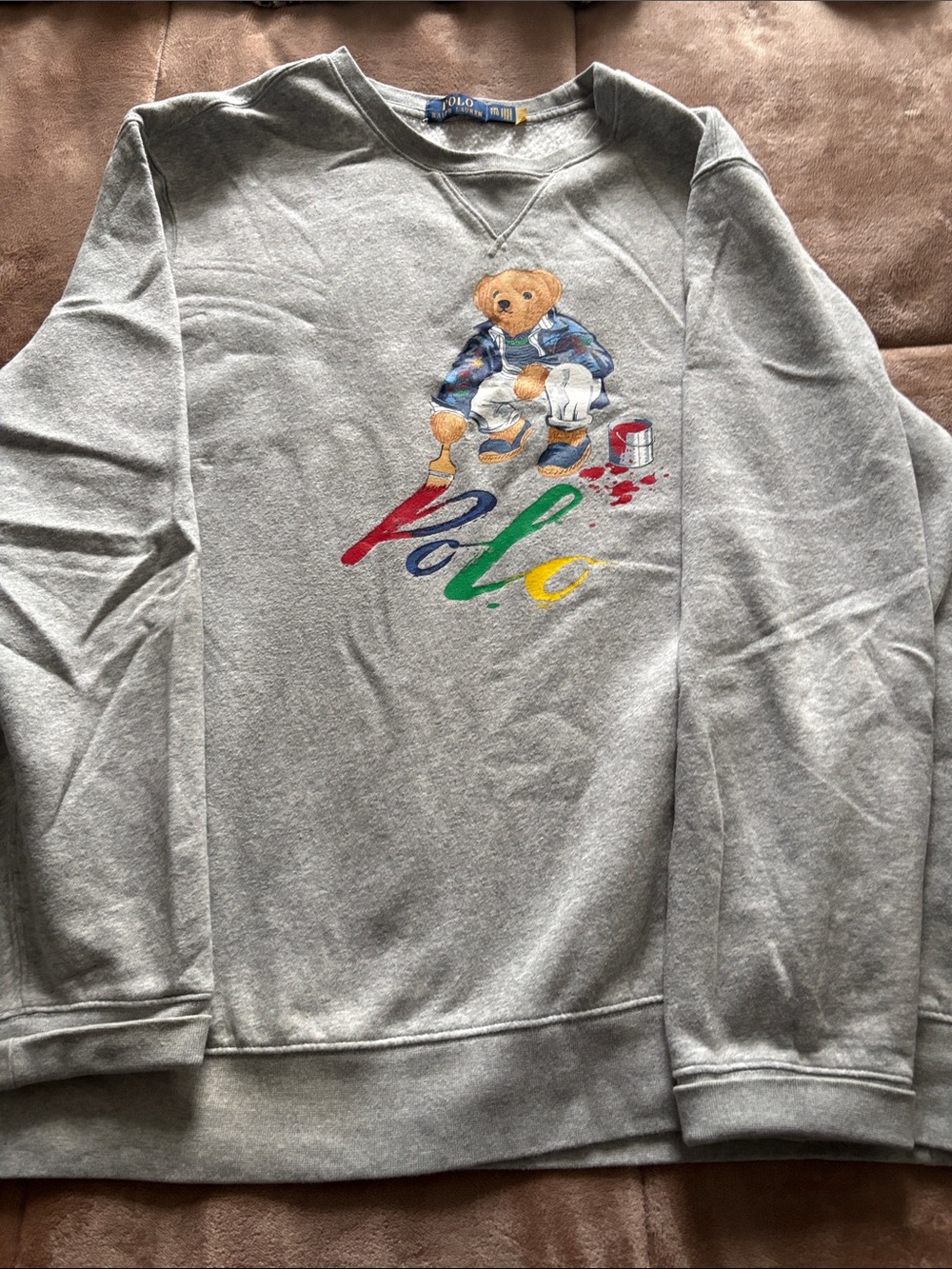 Ralph Lauren Gray Bear Graphic Crewneck Sweatshirt with Multicolor Polo Script